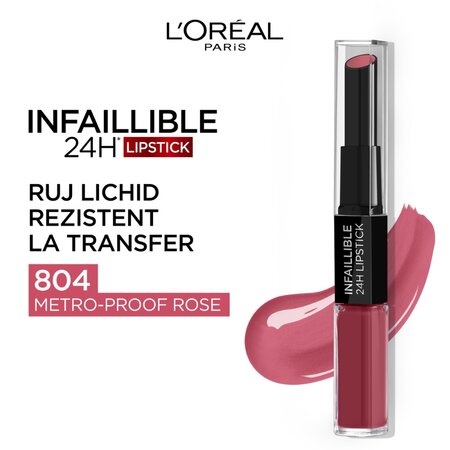 Ruj lichid rezistent la transfer Infaillible 24H 2 Step, 804 Metro-Proof Rose, 5.6 ml, Loreal Paris 551718