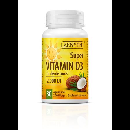Super Vitamin D3 cu ulei de cocos, 2000 UI, 30 capsule, Zenyth