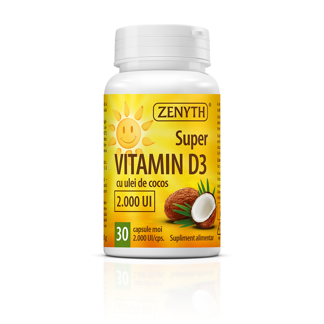 Super Vitamin D3 cu ulei de cocos, 2000 UI, 30 capsule, Zenyth