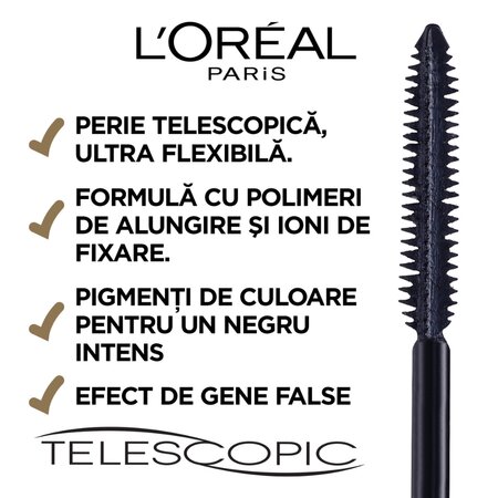 Mascara pentru alungire extrema Telescopic, Carbon Black, 8 ml, Loreal Paris 551928