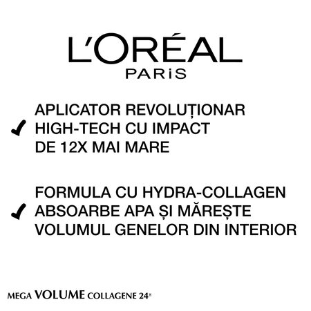 Mascara pentru volum Mega Volume Collagene 24H, Extra Black, 9 ml, Loreal Paris 552183
