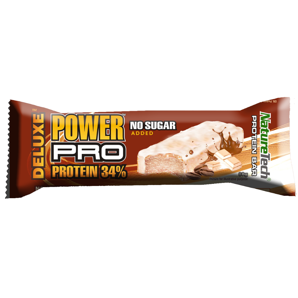 Baton energizat fara zahar cu 34% proteina si mocca Power Pro Deluxe