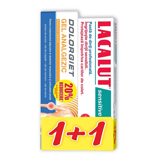 Pachet Dolorgiet gel analgezic 100 ml si Pasta de dinti Lacalut sensitive, 100 ml, Zdrovit