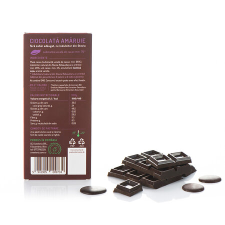 Ciocolata amaruie cu 70% indulcitor natural din stevia, 100 gr, Sweeteria 676853