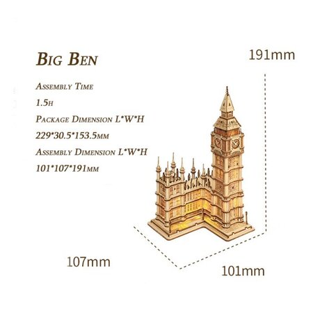 Puzzle 3D din lemn Big Ben, 220 piese, Robotime 556114