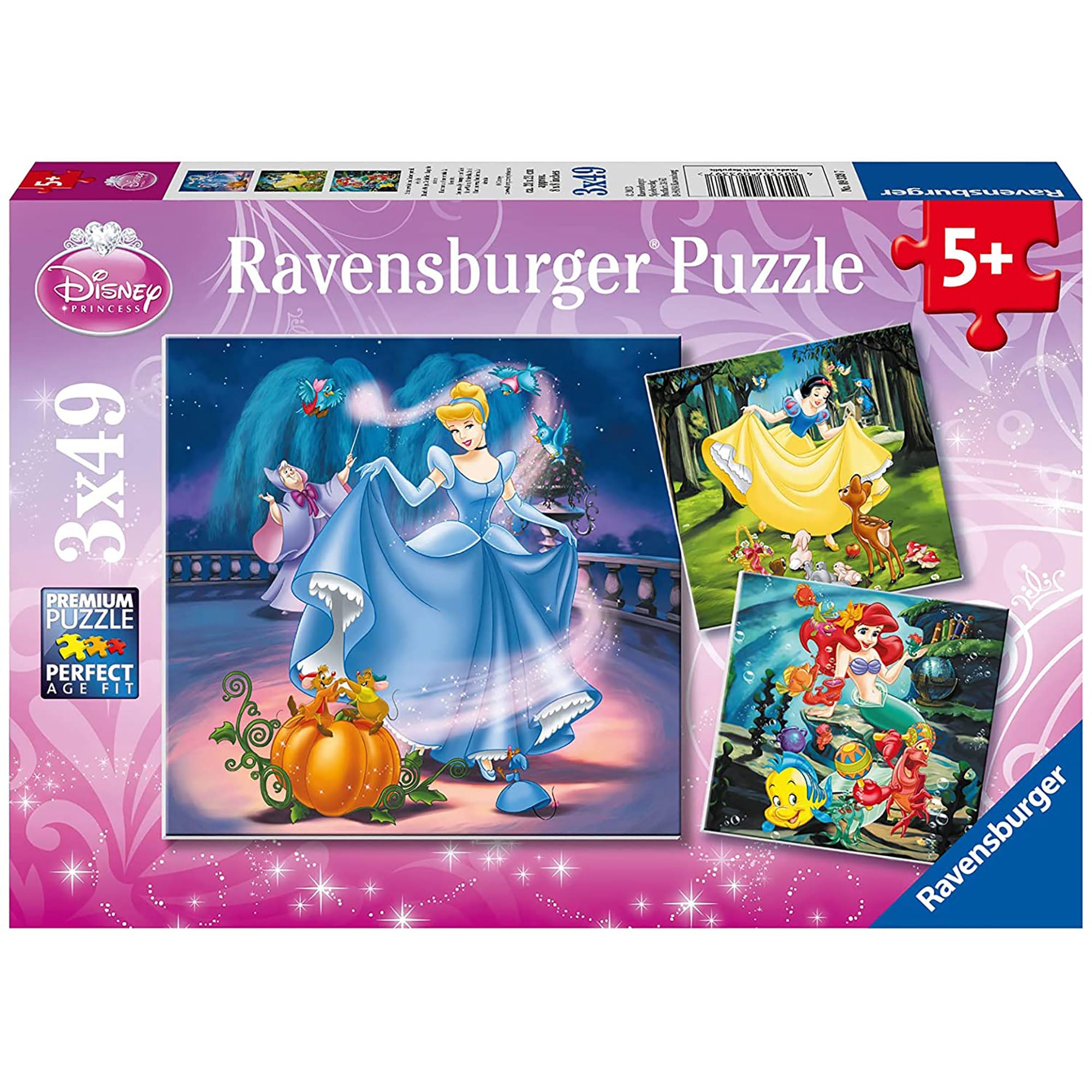 Puzzle alba ca zapada, cenusereasa si ariel, +5 ani, 3x49 piese, Ravensburger