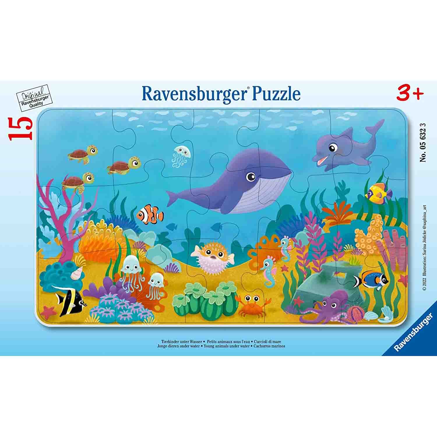 Puzzle tip rama Animalute Marine, 3 ani+,15 piese, Ravensburger