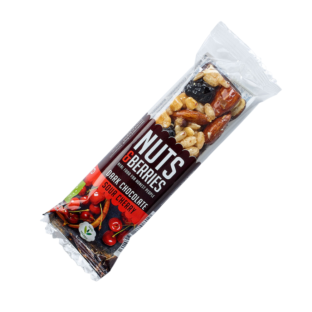 Baton crocant Bio cu nuci, ciocolata neagra si cirese amare, 40 g, Nuts and Berries