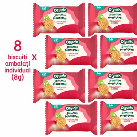 Biscuiti Bio cu umplutura de capsuni si mere, 36 luni+, 64 g, Organix 819335