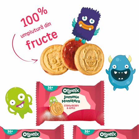 Biscuiti Bio cu umplutura de capsuni si mere, 36 luni+, 64 g, Organix 819336