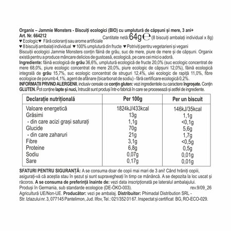 Biscuiti Bio cu umplutura de capsuni si mere, 36 luni+, 64 g, Organix 819337