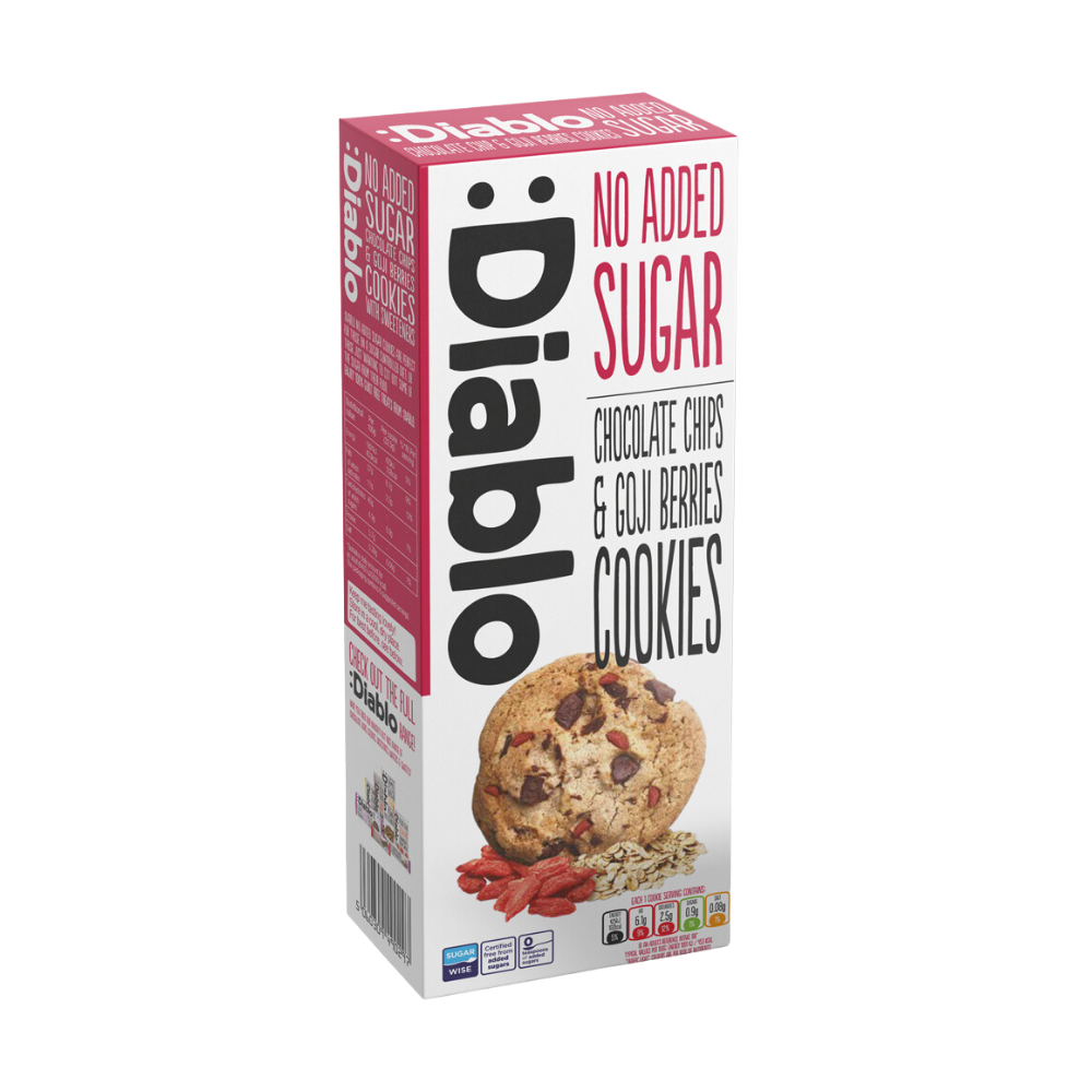 Biscuiti fara zahar cu bucatele de ciocolata si goji, 135 g, Diablo