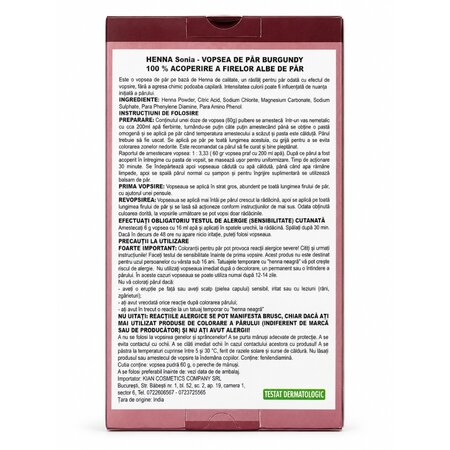 Vopsea de par Sonia Henna, Burgundy, 60g, Kian Cosmetics 799161