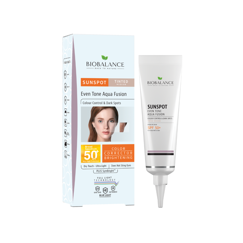 Crema solara SPF 50+ uniformizanta, impotriva petelor pigmentare, Medium Aqua Fusion AknSun, 40 ml, Bio Balance