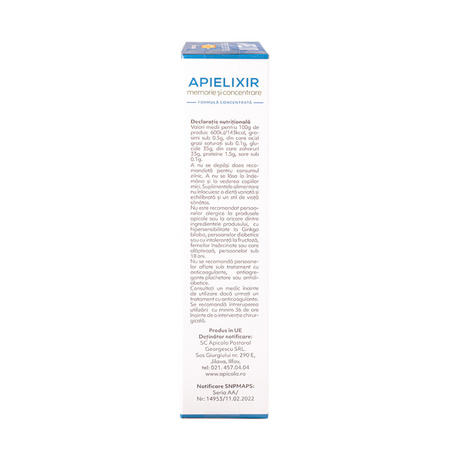 Apielixir memorie si concentrare, 20 fiole x 10 ml, Albina Carpatina 817028