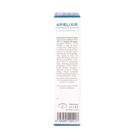 Apielixir memorie si concentrare, 20 fiole x 10 ml, Albina Carpatina 817029