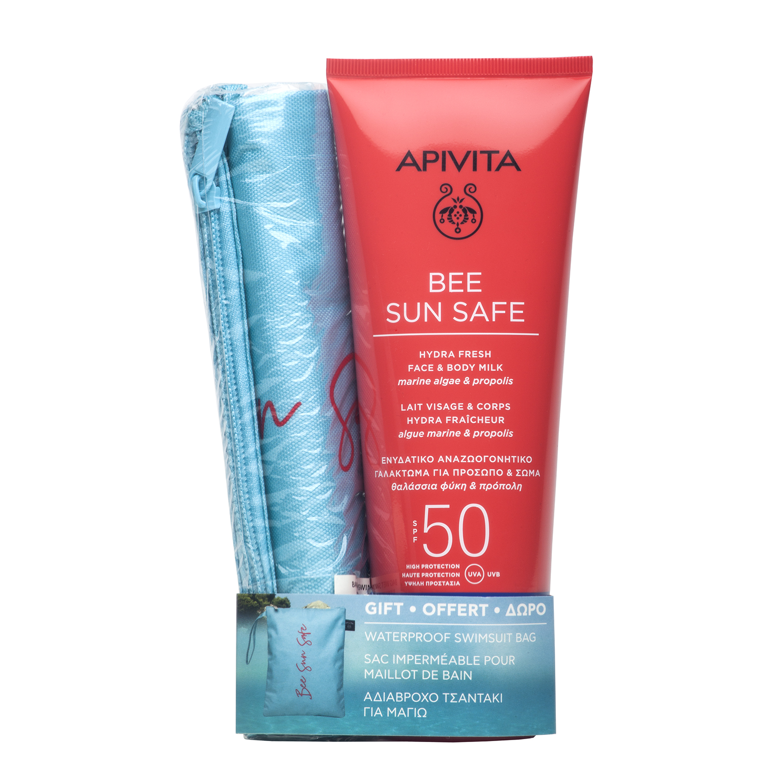 Pachet Lapte corp SPF50 & geanta impermeabila de plaja Bee Sun Safe, Apivita