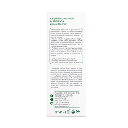 Crema hidratanta matifianta pentru ten mixt, 45 ml, Vivanatura 765703