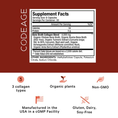 CodeAge Bone Broth Collagen Peptides Tip I, II si III, 180 capsule, GNC 820155