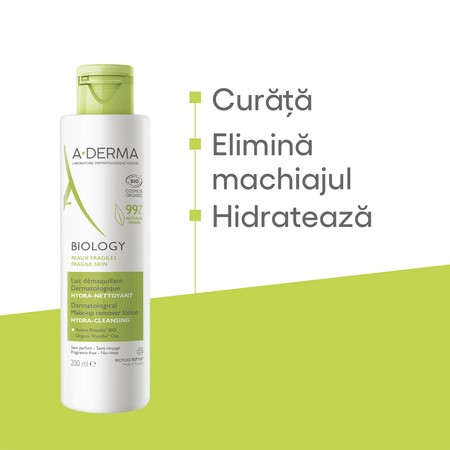 Lapte demachiant pentru pielea uscata si fragila Biology, 200 ml, A-Derma 563695