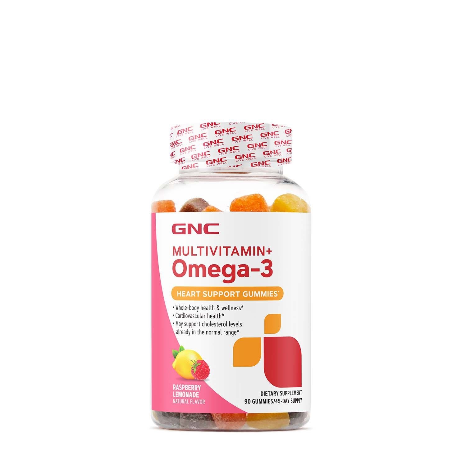 Jeleuri cu multivitamine si Omega-3 cu aroma de limonada de zmeura, 90 jeleuri, GNC