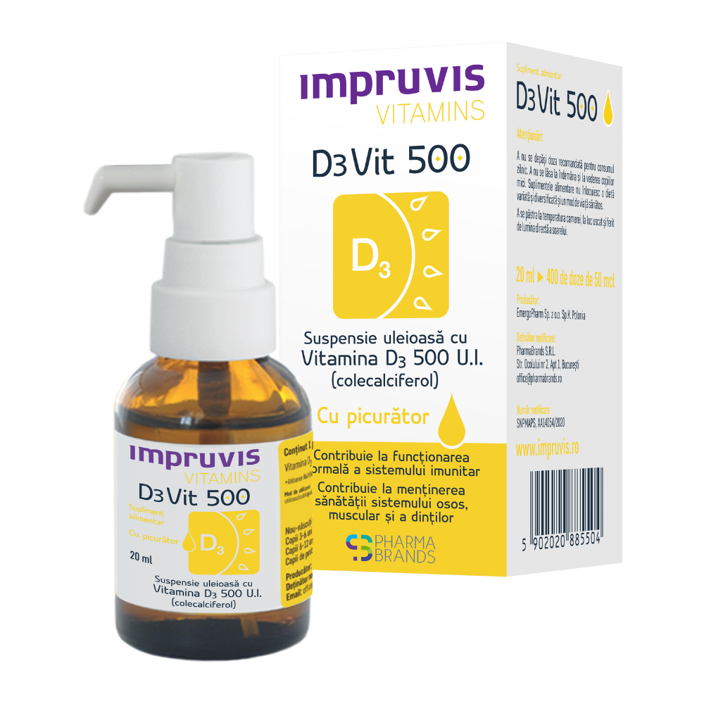 Suspensie uleioasa cu Vitamina D3 cu picurator, 500 U.I, 20 ml, Impruvis D3Vit