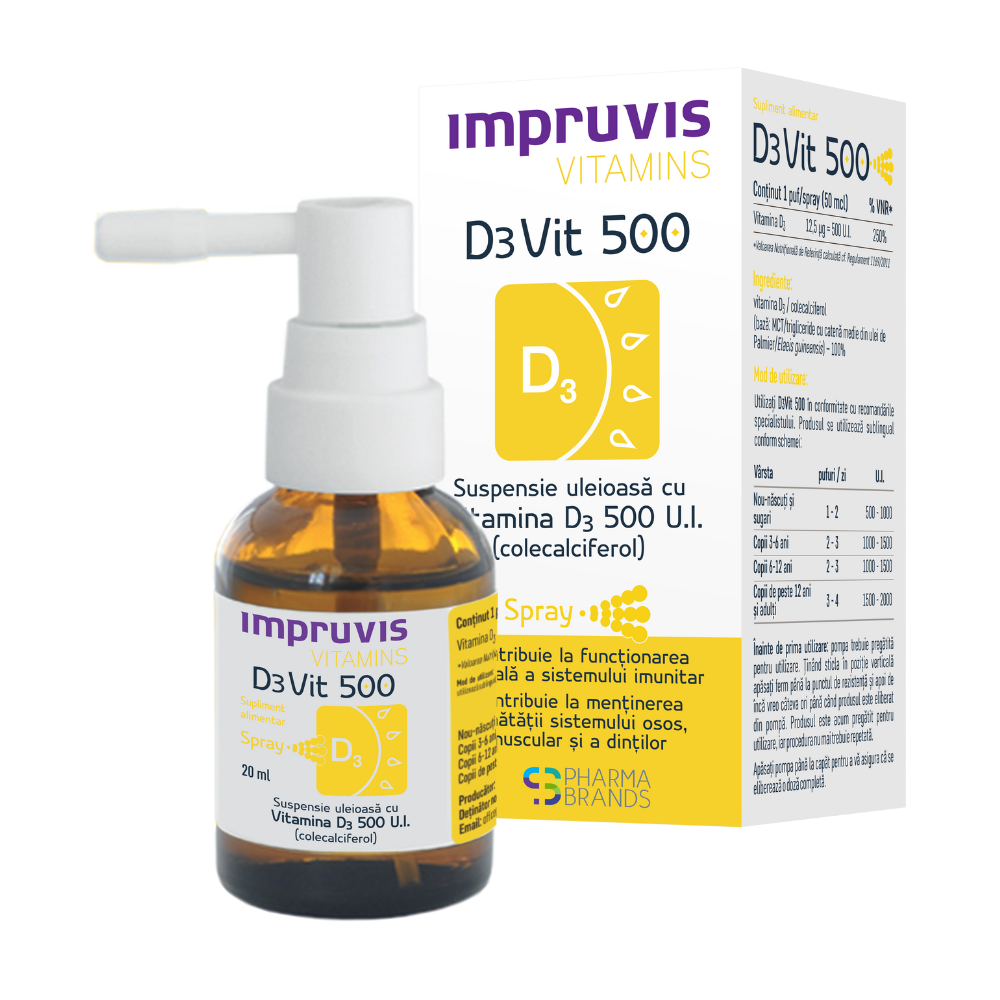 Suspensie uleioasa cu Vitamina D3 Spray, 500 UI, 20 ml, Impruvis D3Vit