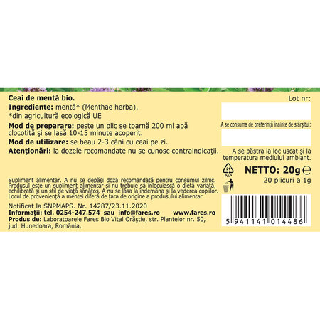 Ceai de menta Bio D127, 20 plicuri, Fares 722679