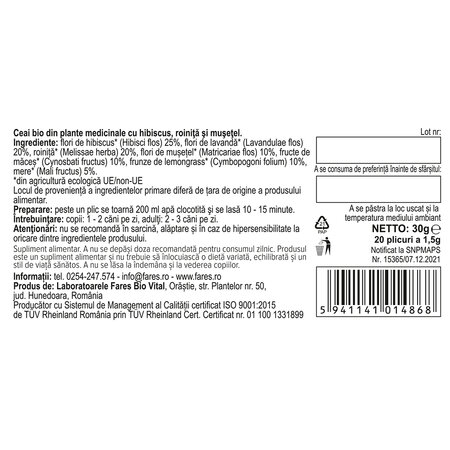 Ceai Bio Antistres N173, 20 plicuri, Fares 722875