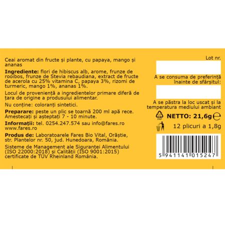 Ceai rece cu papaya mango si ananas, 12 plicuri, Fares 722978