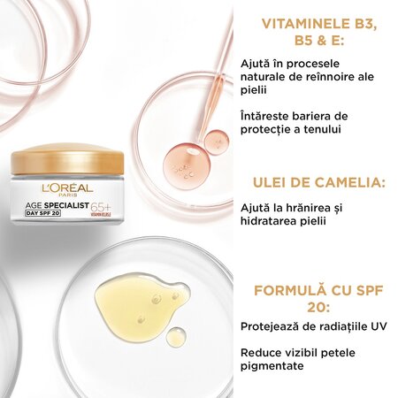 Crema antirid de zi hranitoare cu SPF 20 65+ Age Specialist, 50 ml, Loreal Paris 565580