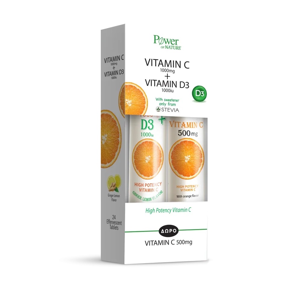 Pachet Vitamina C 1000 mg + D3 1000 ui Stevia 24 tablete + Vitamina C 500 mg 20 tablete, tablete efervescente, Power of Nature