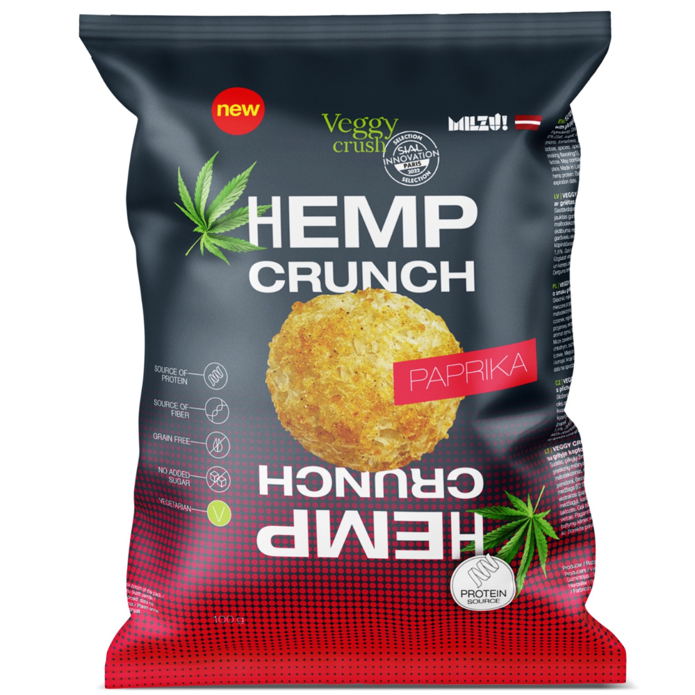 Snack proteic Bio cu paprika Hemp Crunch, 100 g, Veggy Crush