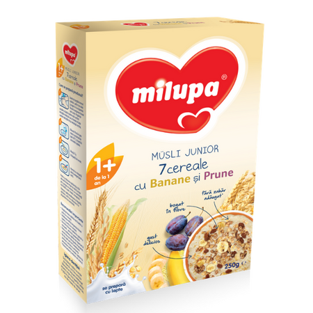 Cereale cu banane si prune Musli Junior 7, +12 luni, 250 g, Milupa 453066
