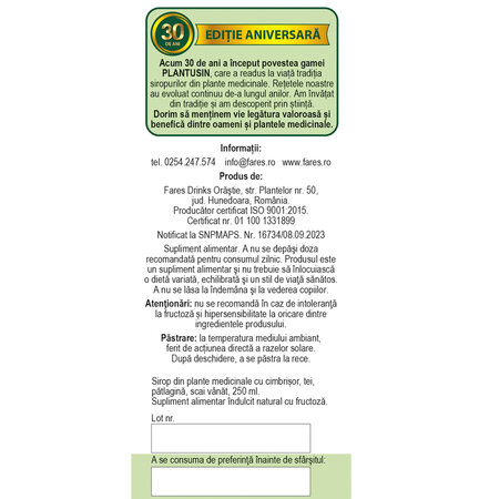 Plantusin sirop pentru copii, R35, 250 ml, Fares 722528