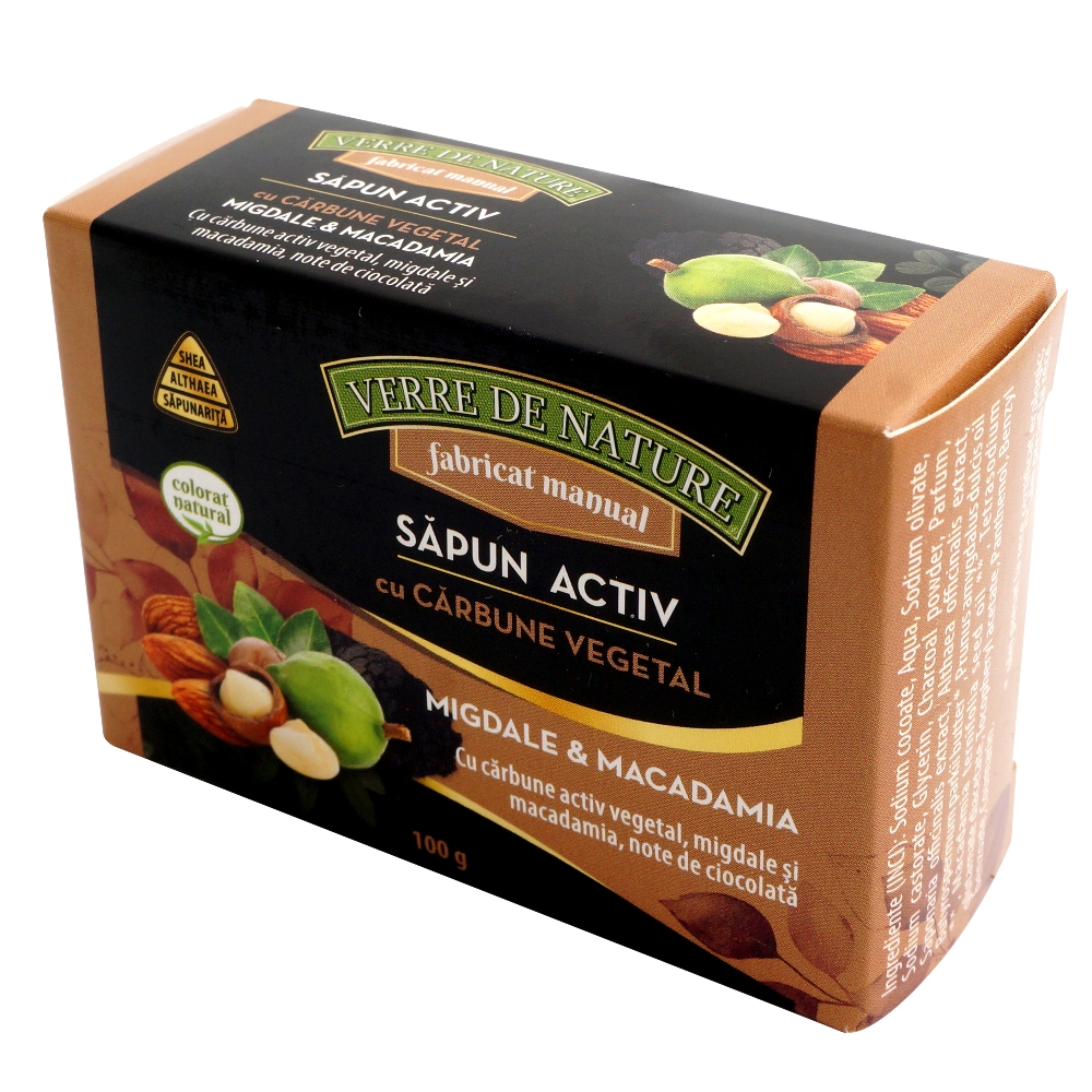 Sapun Activ cu carbune vegetal, migdale, macadamia si note de ciocolata, 100 g, Verre de Nature