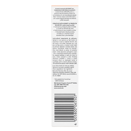 Crema de fata pentru ten sensibil cu SPF50+, 50 ml, Eucerin 808169