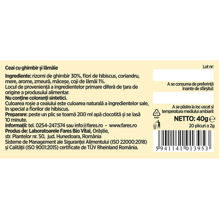 Ceai cu ghimbir 30% si lamaie, 20 plicuri, Fares 722520