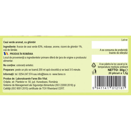 Ceai verde cu ghimbir, 20 doze, Fares 722091
