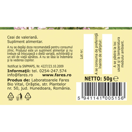Ceai radacina de valeriana, 50g, Fares 720861