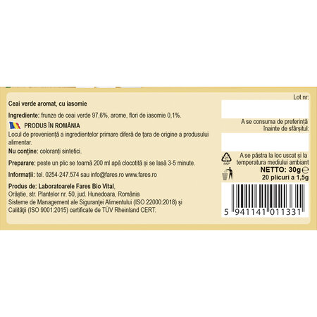 Ceai verde cu iasomie, 20 plicuri, Fares 721894