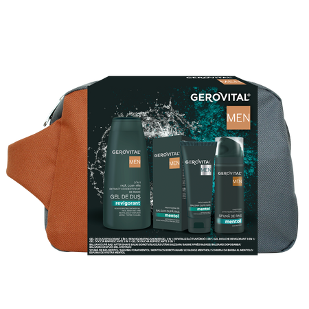 Pachet Spuma de Ras, Balsam dupa Ras, Gel de Dus + Borseta Men, 400ml + 200ml + 100ml, Gerovital