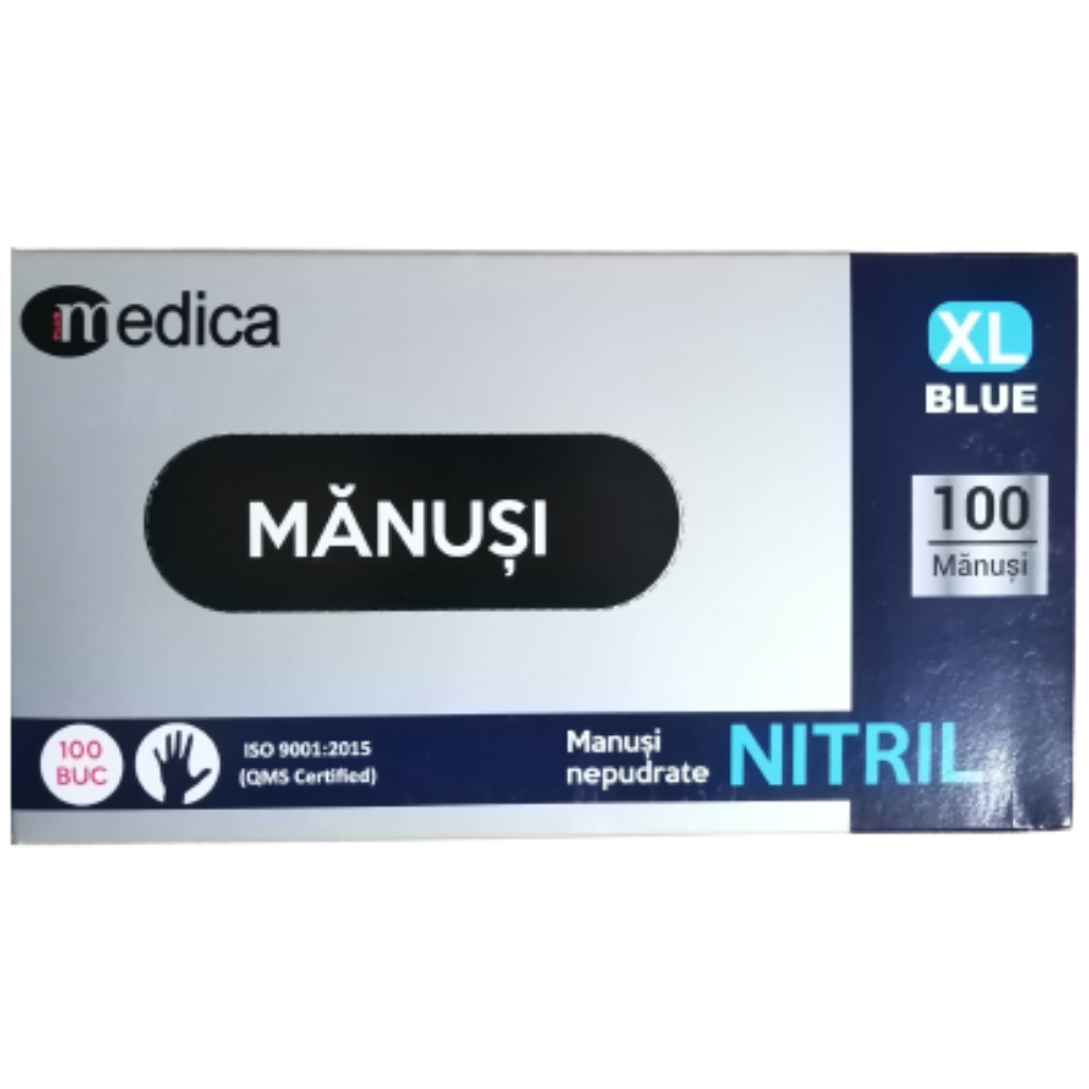 Manusi nepudrate din Nitril pentru examinare, Marimea XL, albastre, 100 bucati, Medica