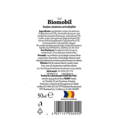 Biomobil gel cu extracte din sunatoare, galbenele si ardei iute, 50 ml, Fares 721459