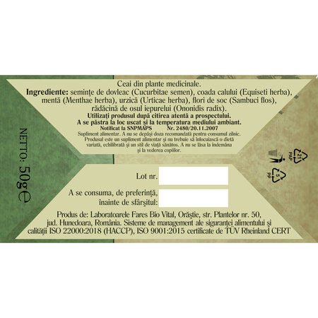 Ceai V pentru prostata si vezica, 50 g, Fares 718389