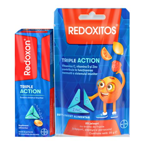 Pachet Redoxon Triple Action 10 comprimate + Redoxitos Triple Action jeleuri, 25 bucati, Bayer