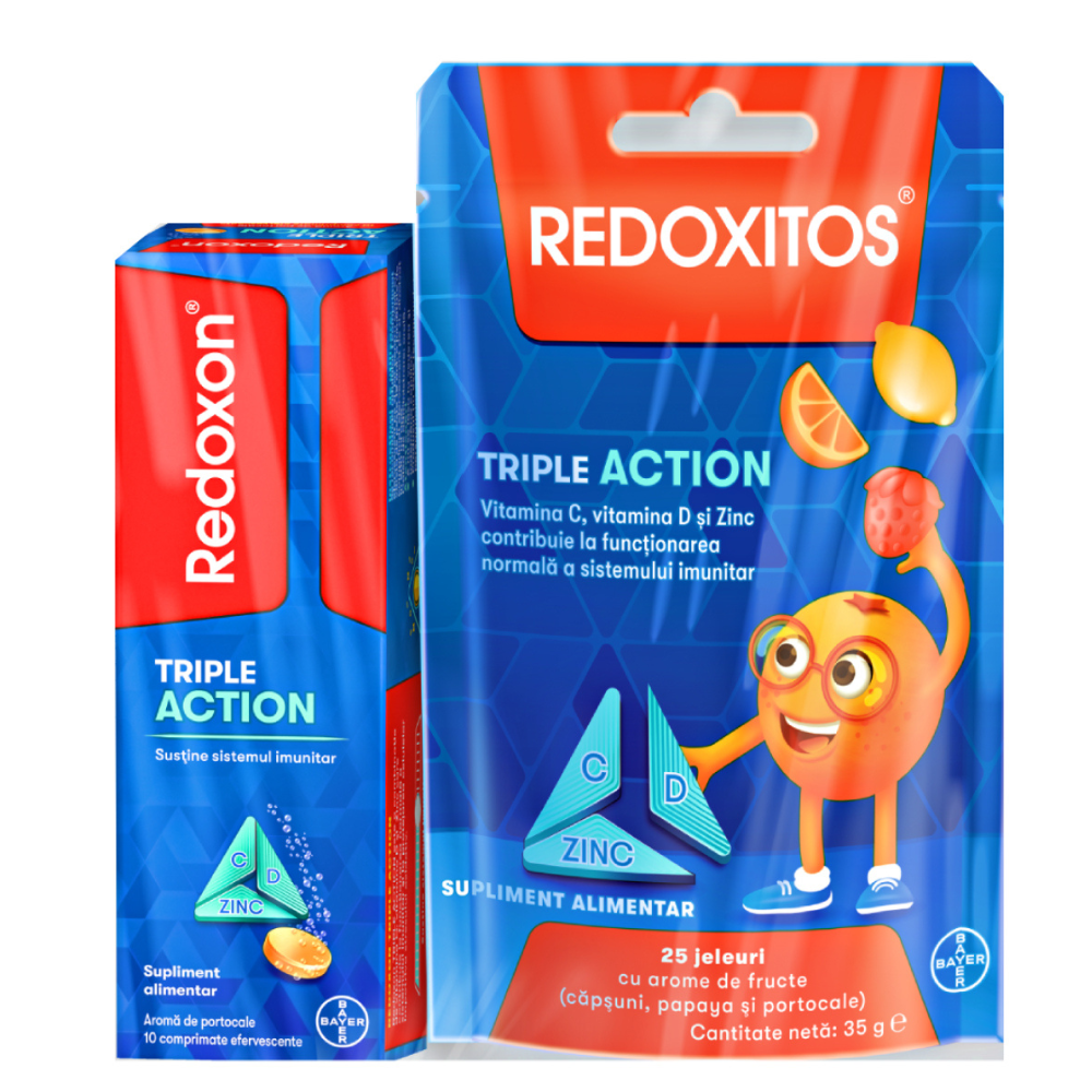 Pachet Redoxon Triple Action 10 comprimate + Redoxitos Triple Action jeleuri, 25 bucati, Bayer