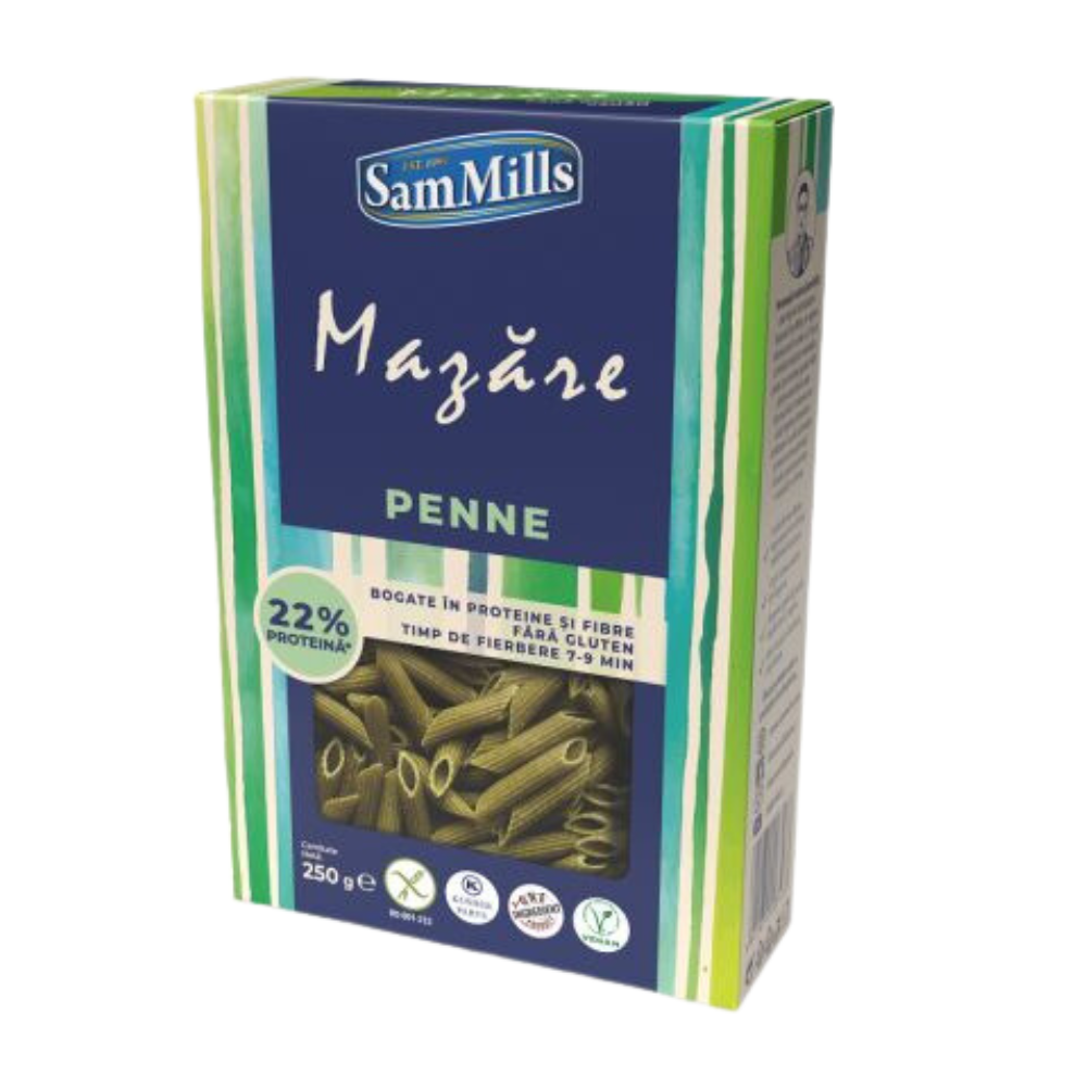 Paste penne fara gluten din mazare, 250 g, Sam Mills