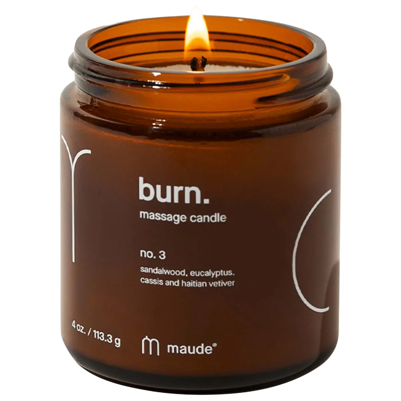 Lumanare pentru masaj cu eucalipt si lemn de santal Burn no.3, 113.3 g, Maude