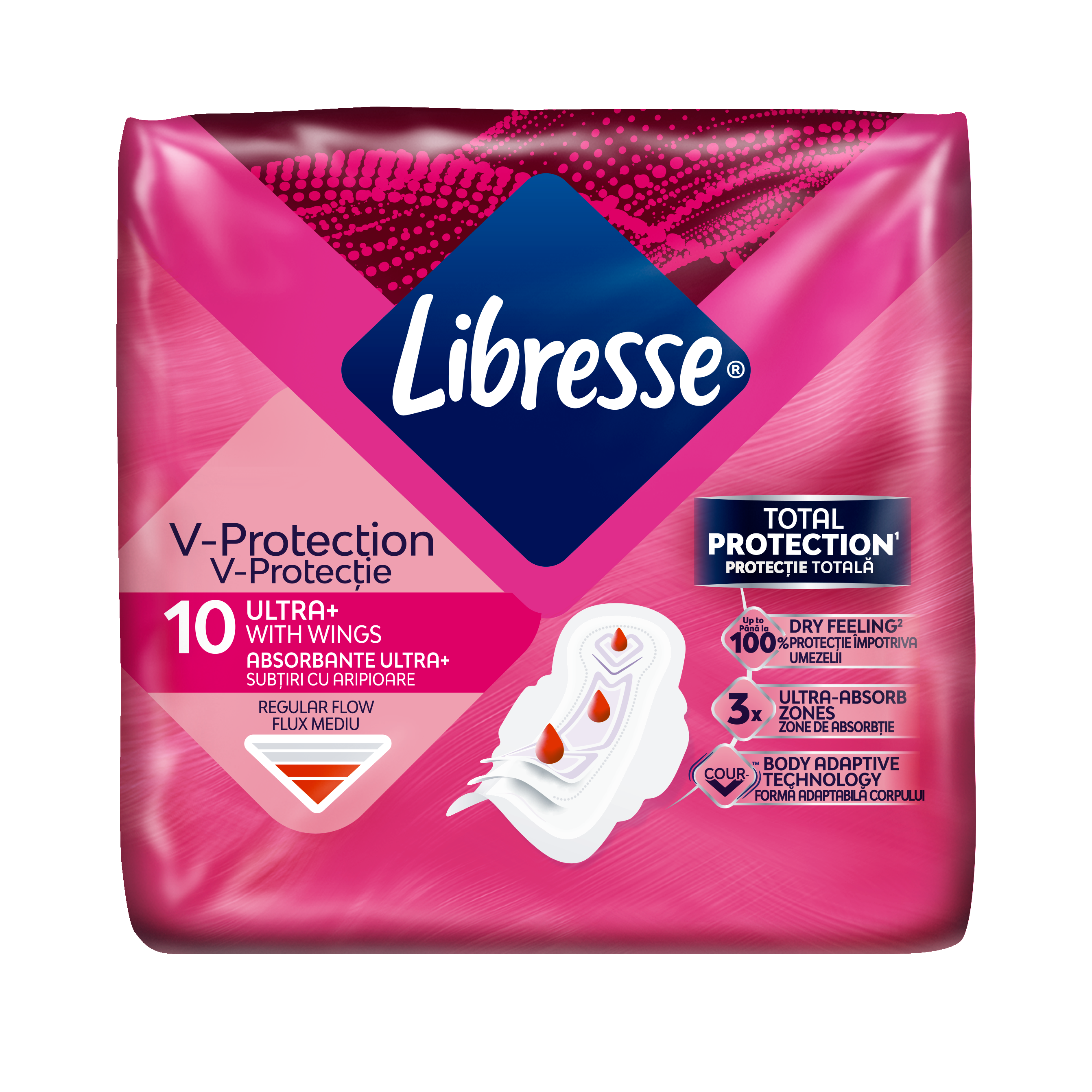 Absorbantele cu aripioare V-Protection Ultra+, Regular, 10 bucati, Libresse